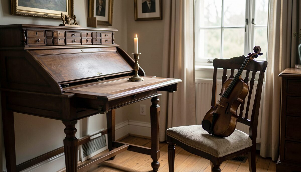 A historic room interior with a wooden writing desk, a candle holder and a violin resting on a chair by a window.