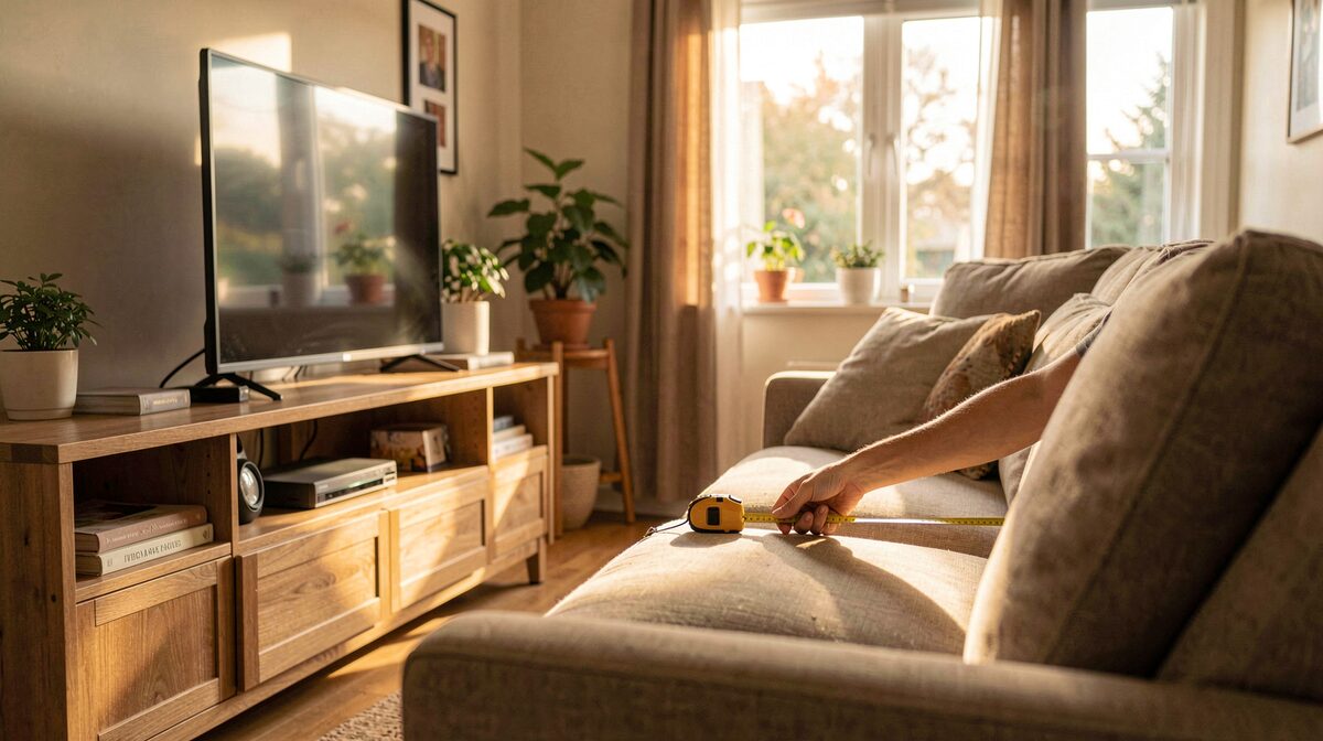 Ein Wohnzimmer am Nachmittag, gemessener Sitzabstand zum Fernseher wird mit einem Maßband nachgeprüft, warmes Seitenlicht, Aufnahme seitlich auf Sofahöhe.