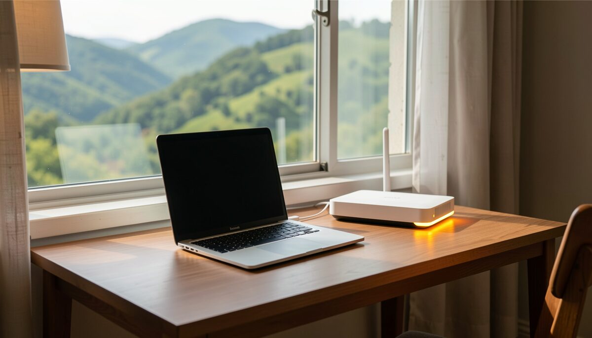 A family desk with a laptop and router glowing softly beside a window overlooking green hills in daylight.