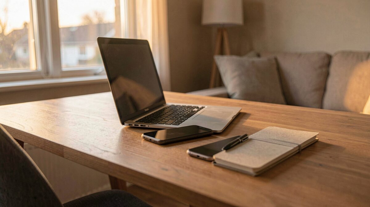 Ein ordentlicher Schreibtisch im Wohnzimmer mit Laptop, Smartphone und einem kleinen Notizbuch, warmes Abendlicht durch das Fenster, leicht von der Seite fotografiert.