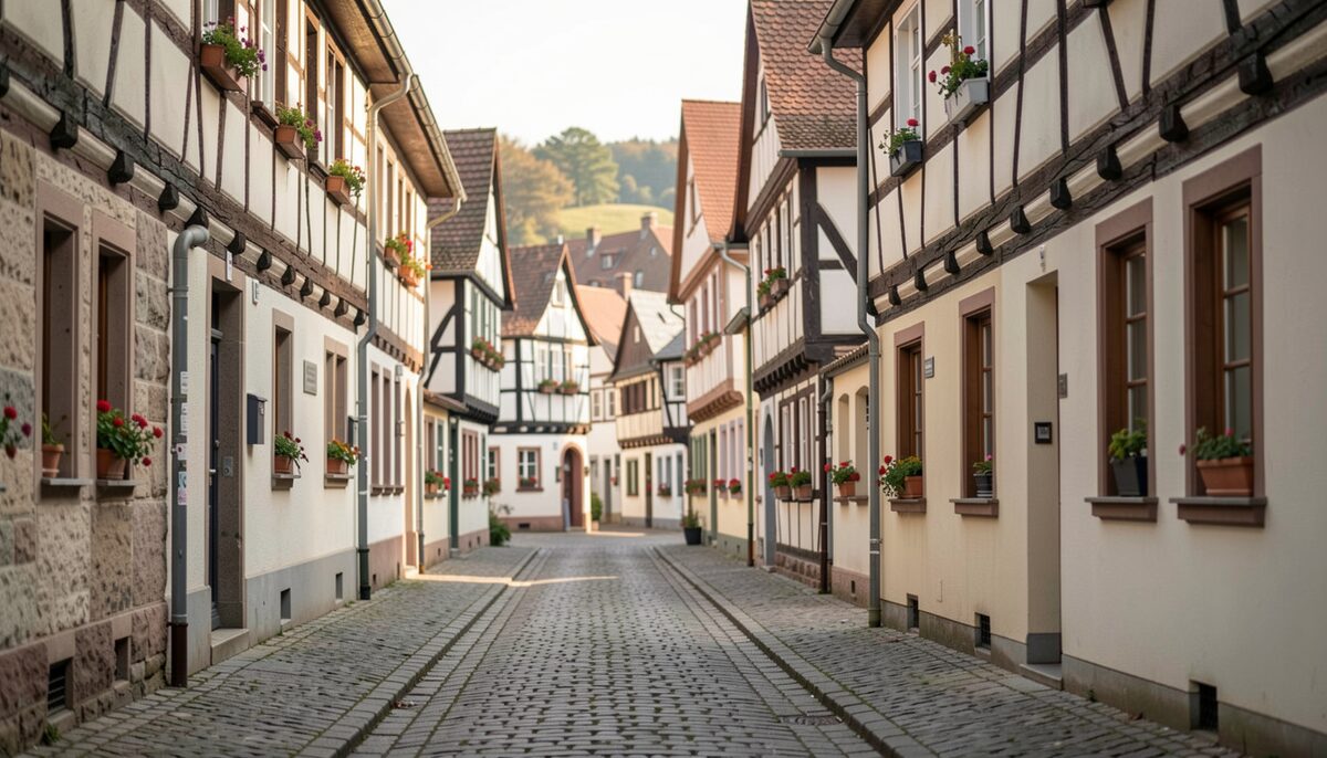 Half-timbered houses along a narrow street in a small German town on a quiet morning.